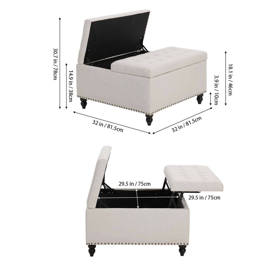 Large Square Storage Ottoman with Tufted Upholstery and Solid Wood Legs
