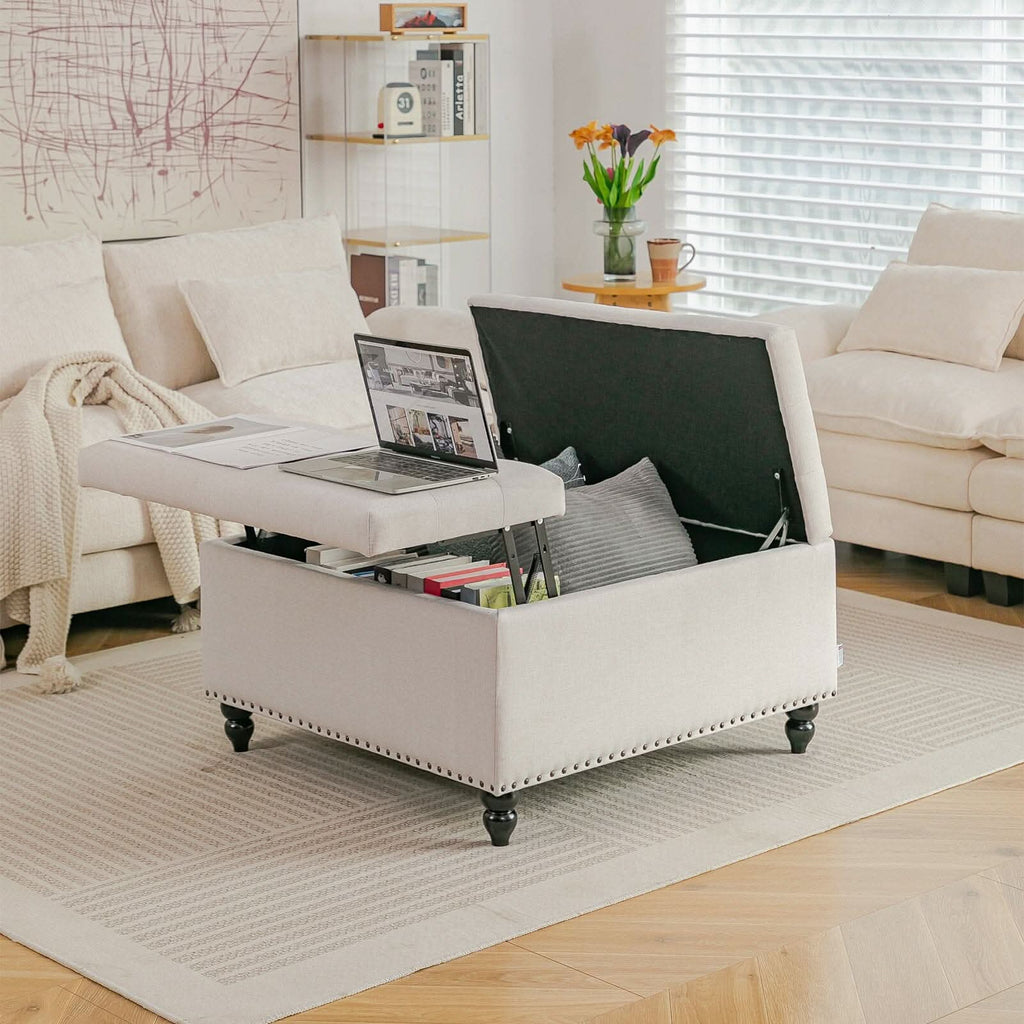 Large Square Storage Ottoman with Tufted Upholstery and Solid Wood Legs
