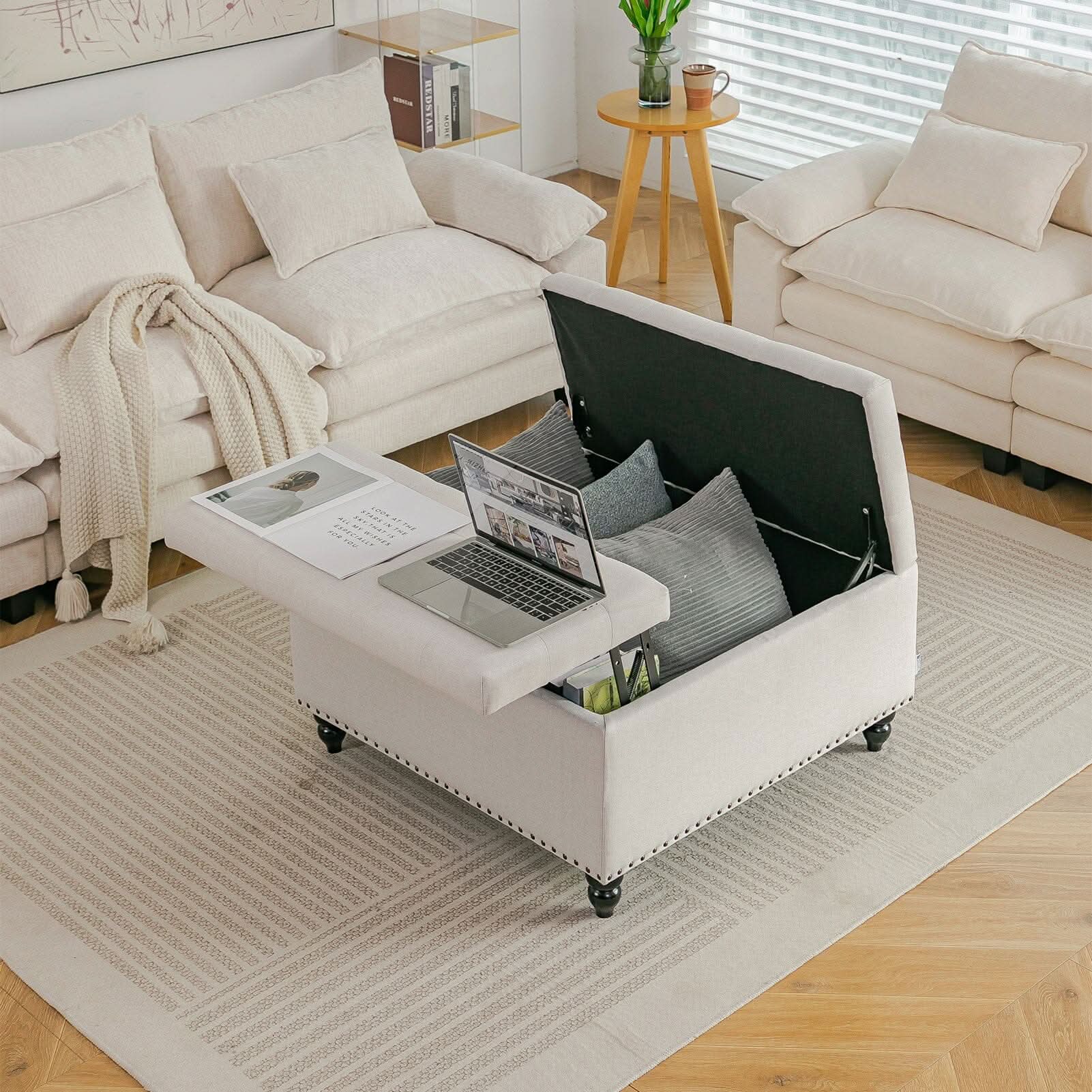 Large Square Storage Ottoman with Tufted Upholstery and Solid Wood Legs