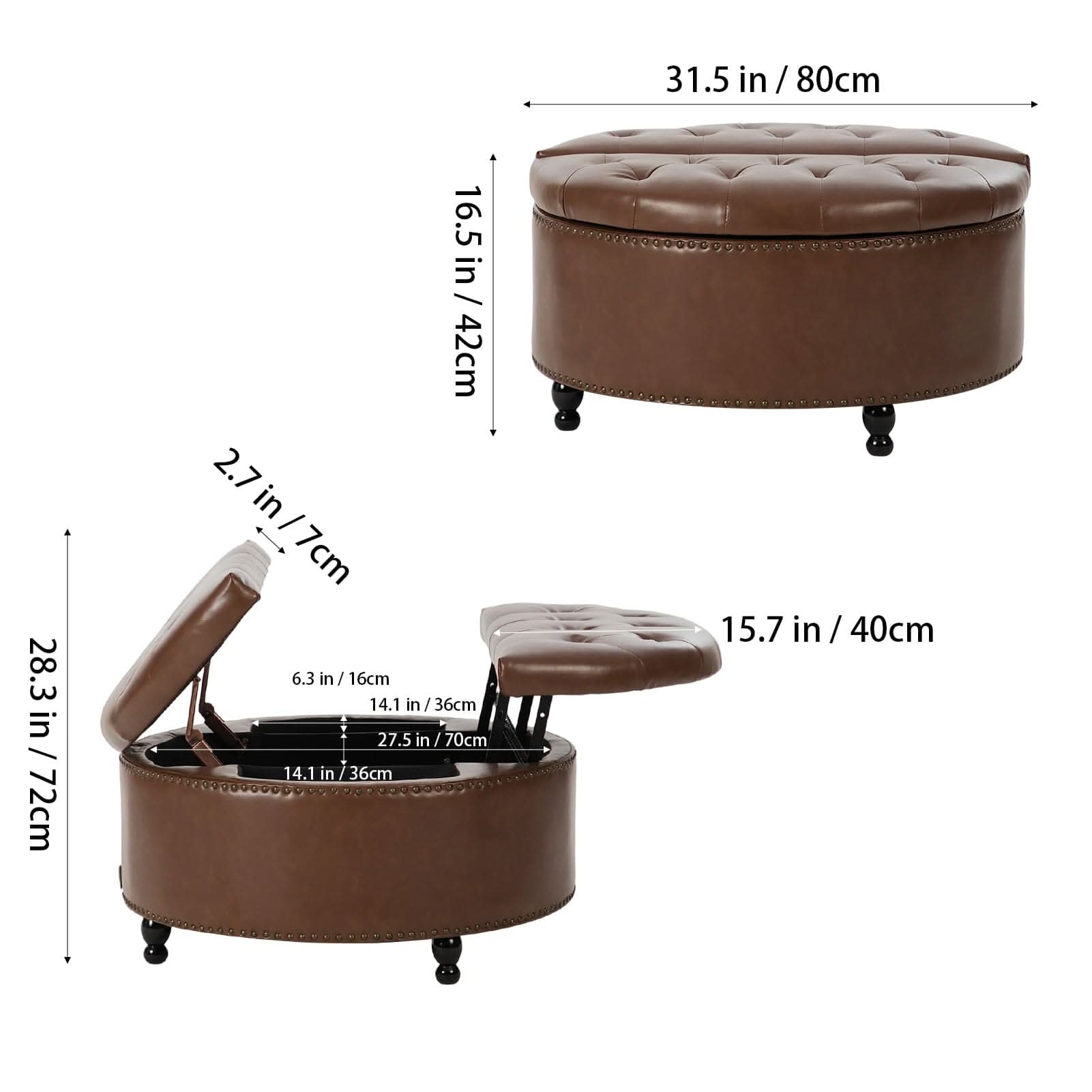 Round PU Leather Storage Ottoman with Tufted Top and Solid Wood Legs