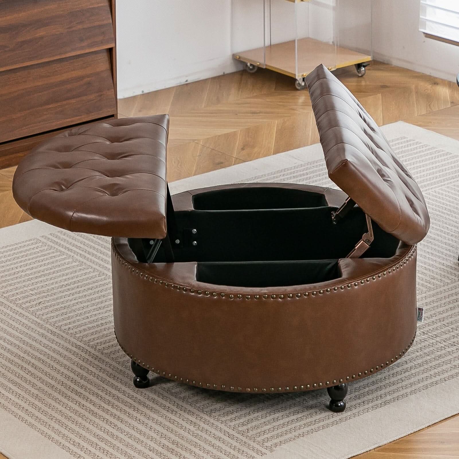 Round PU Leather Storage Ottoman with Tufted Top and Solid Wood Legs