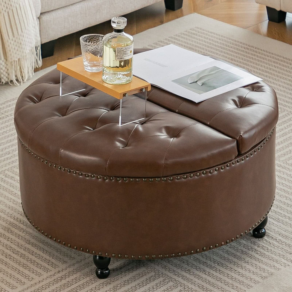 Round PU Leather Storage Ottoman with Tufted Top and Solid Wood Legs