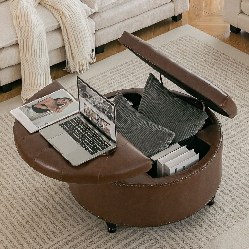 Round PU Leather Storage Ottoman with Tufted Top and Solid Wood Legs
