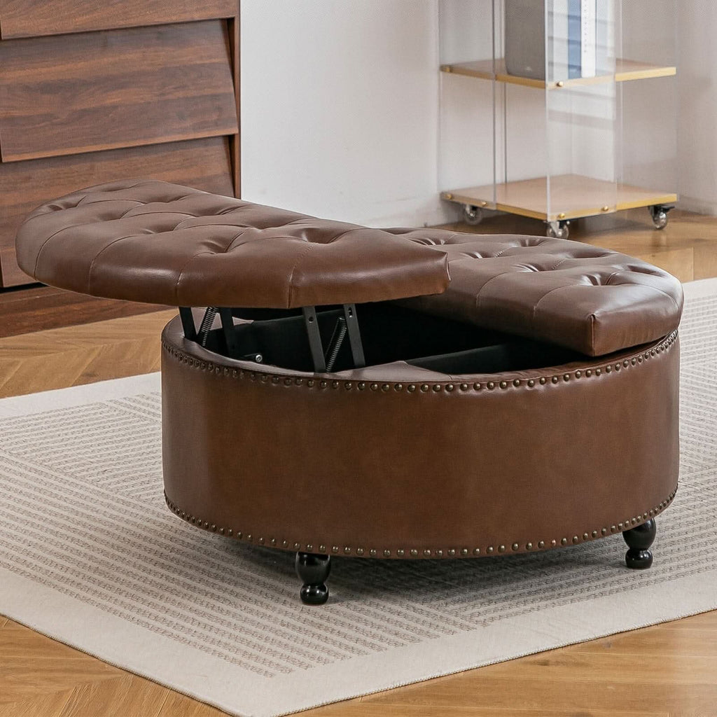 Round PU Leather Storage Ottoman with Tufted Top and Solid Wood Legs
