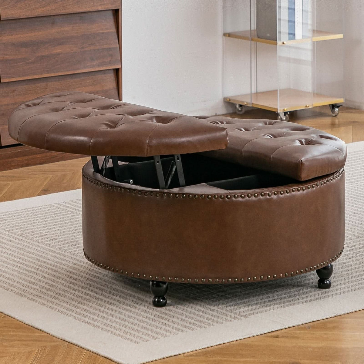 Round PU Leather Storage Ottoman with Tufted Top and Solid Wood Legs