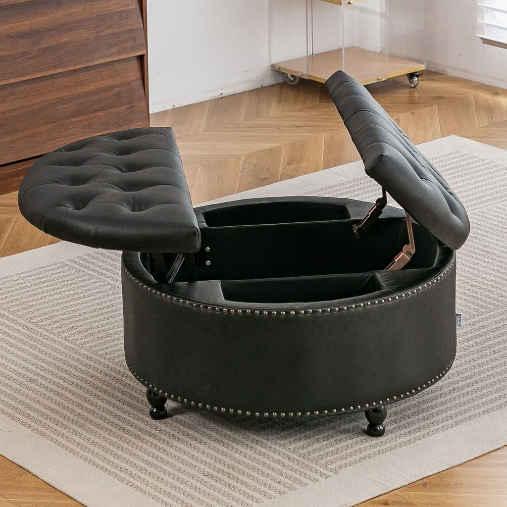 Round PU Leather Storage Ottoman with Tufted Top and Solid Wood Legs