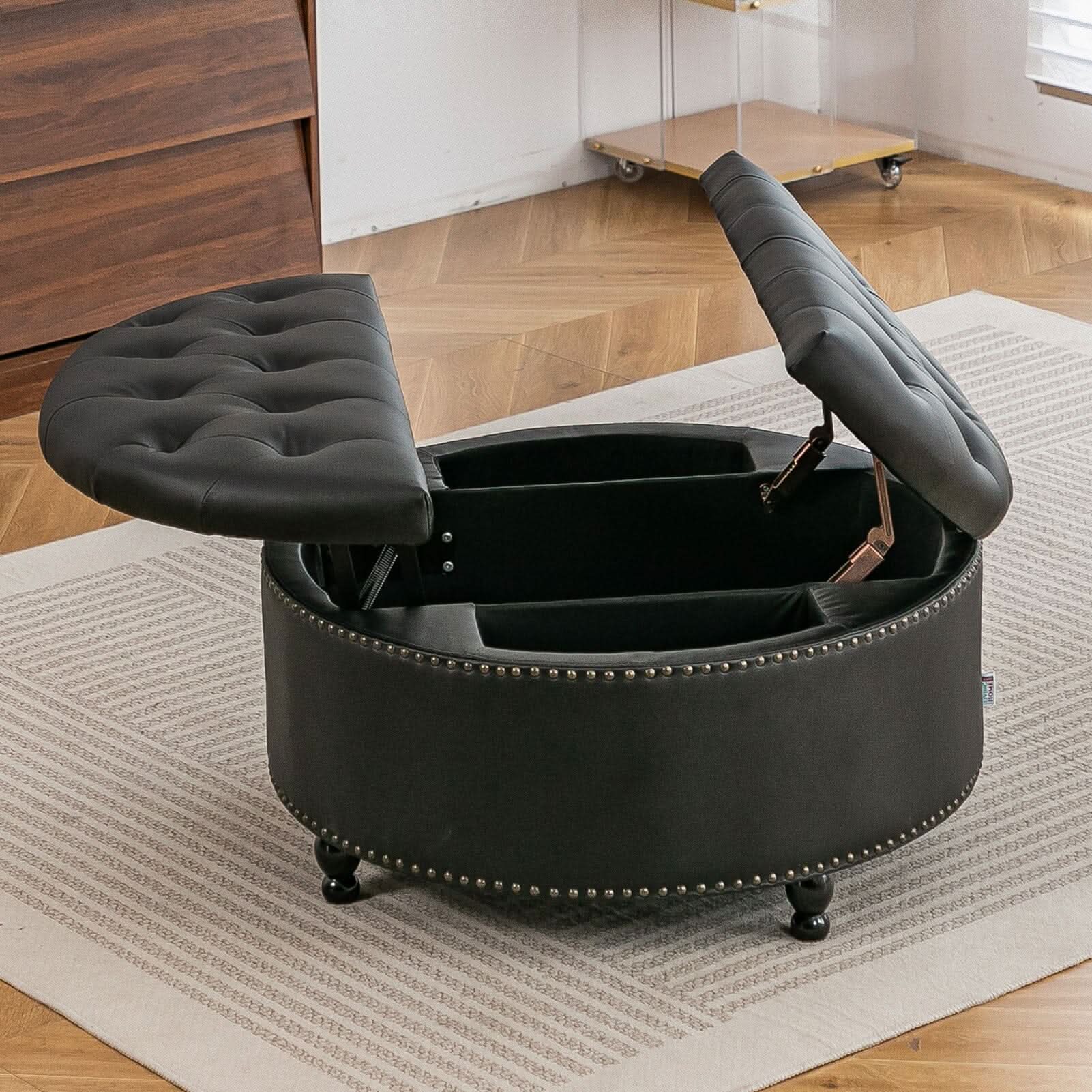 Round PU Leather Storage Ottoman with Tufted Top and Solid Wood Legs