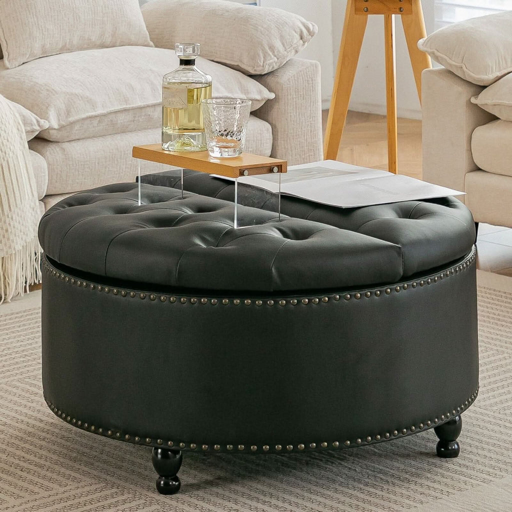Round PU Leather Storage Ottoman with Tufted Top and Solid Wood Legs