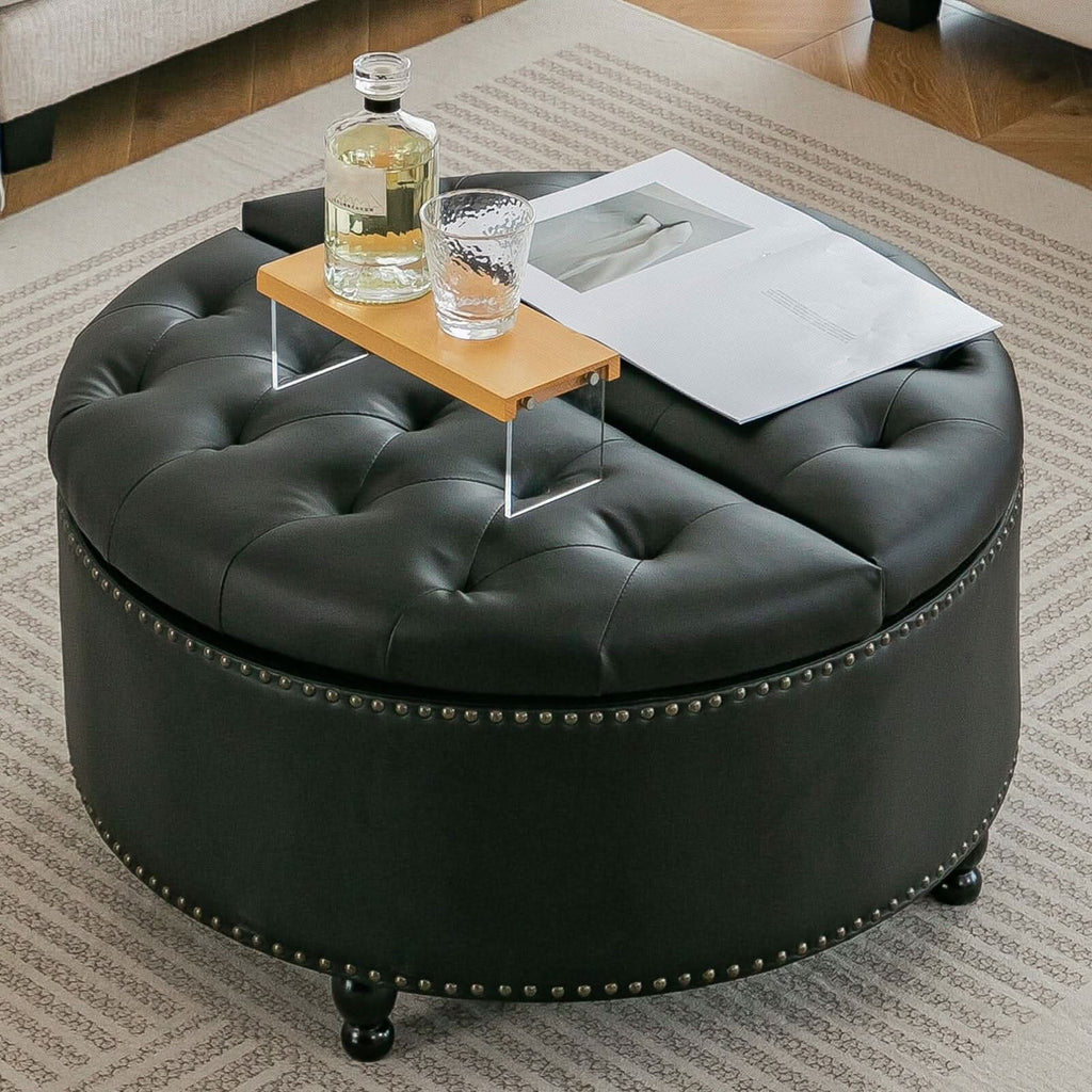 Round PU Leather Storage Ottoman with Tufted Top and Solid Wood Legs