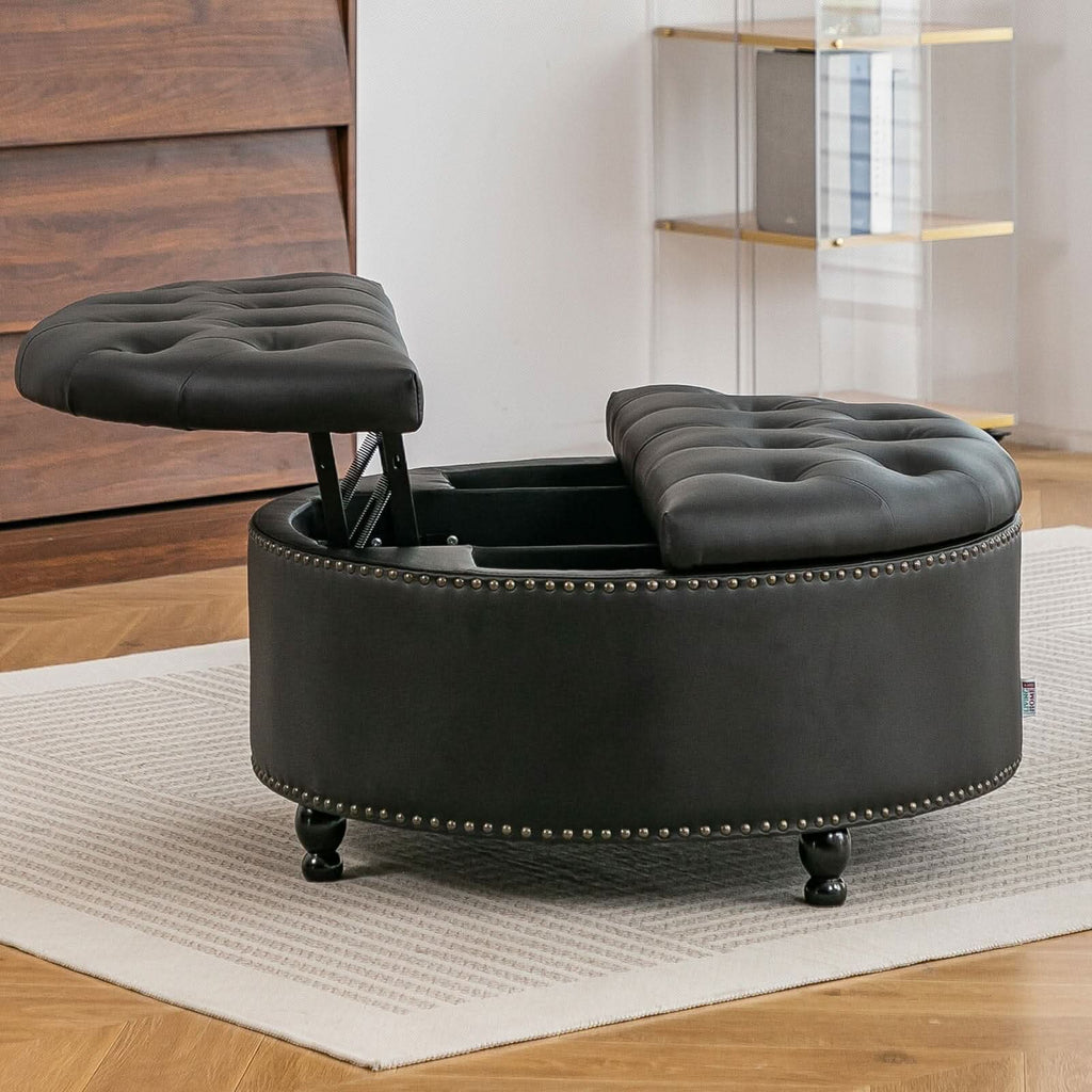 Round PU Leather Storage Ottoman with Tufted Top and Solid Wood Legs