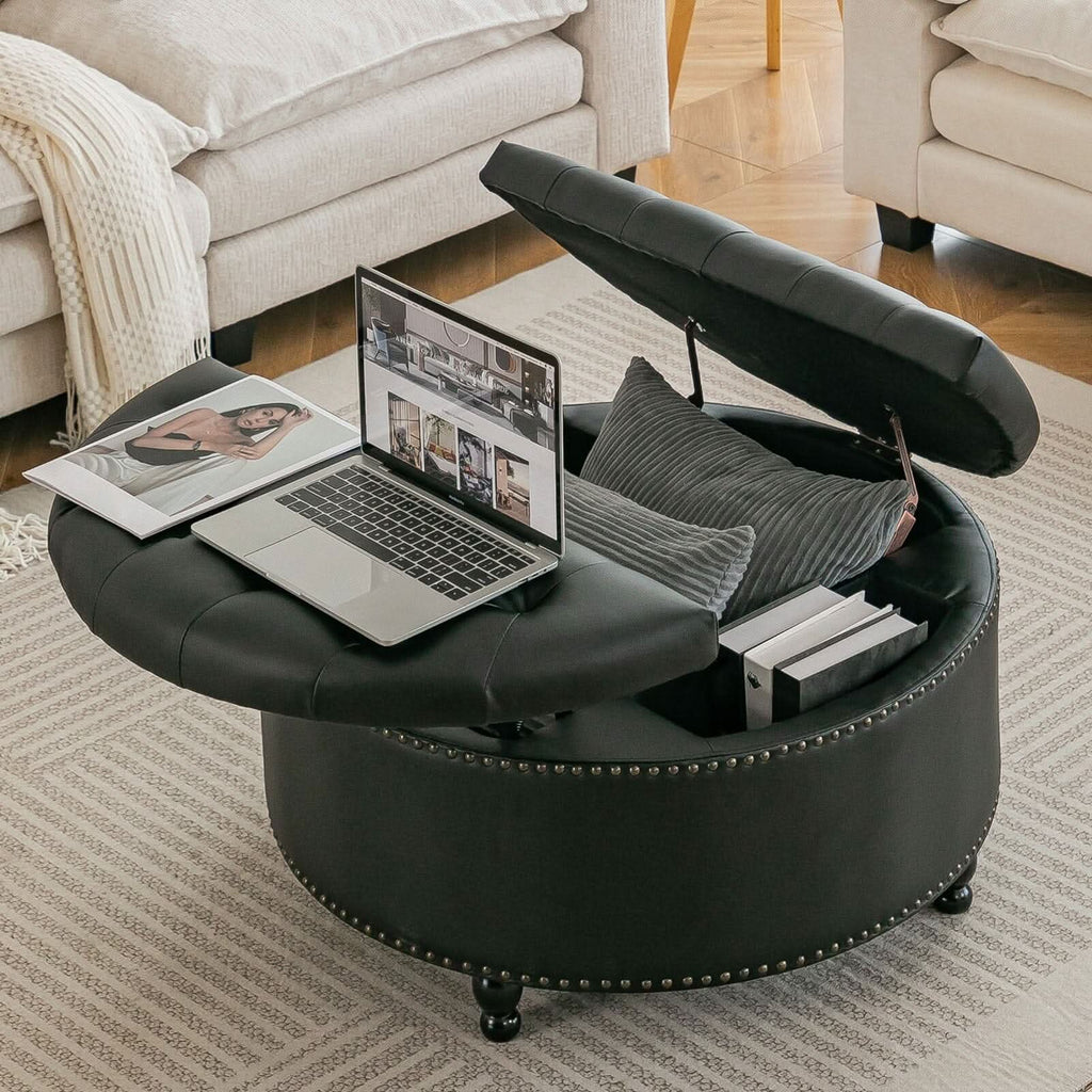 Round PU Leather Storage Ottoman with Tufted Top and Solid Wood Legs