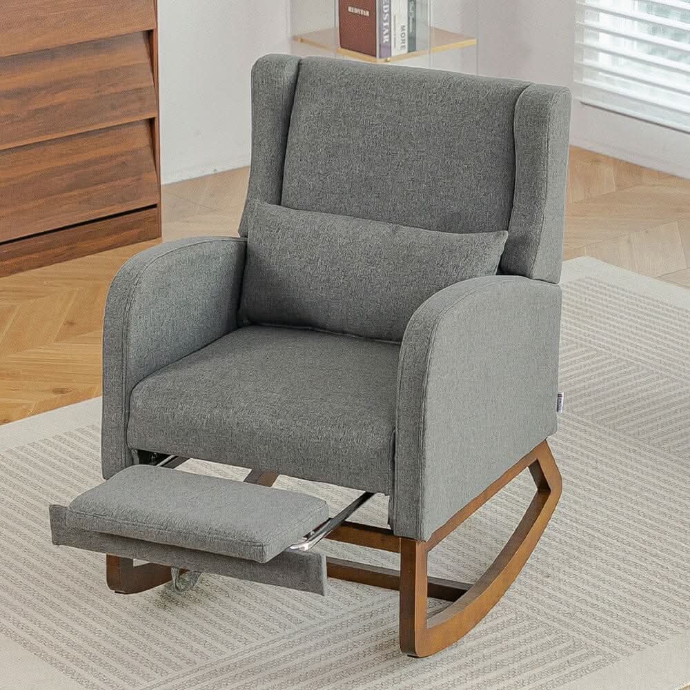 Modern Linen Rocking Chair with Footrest & Pillow