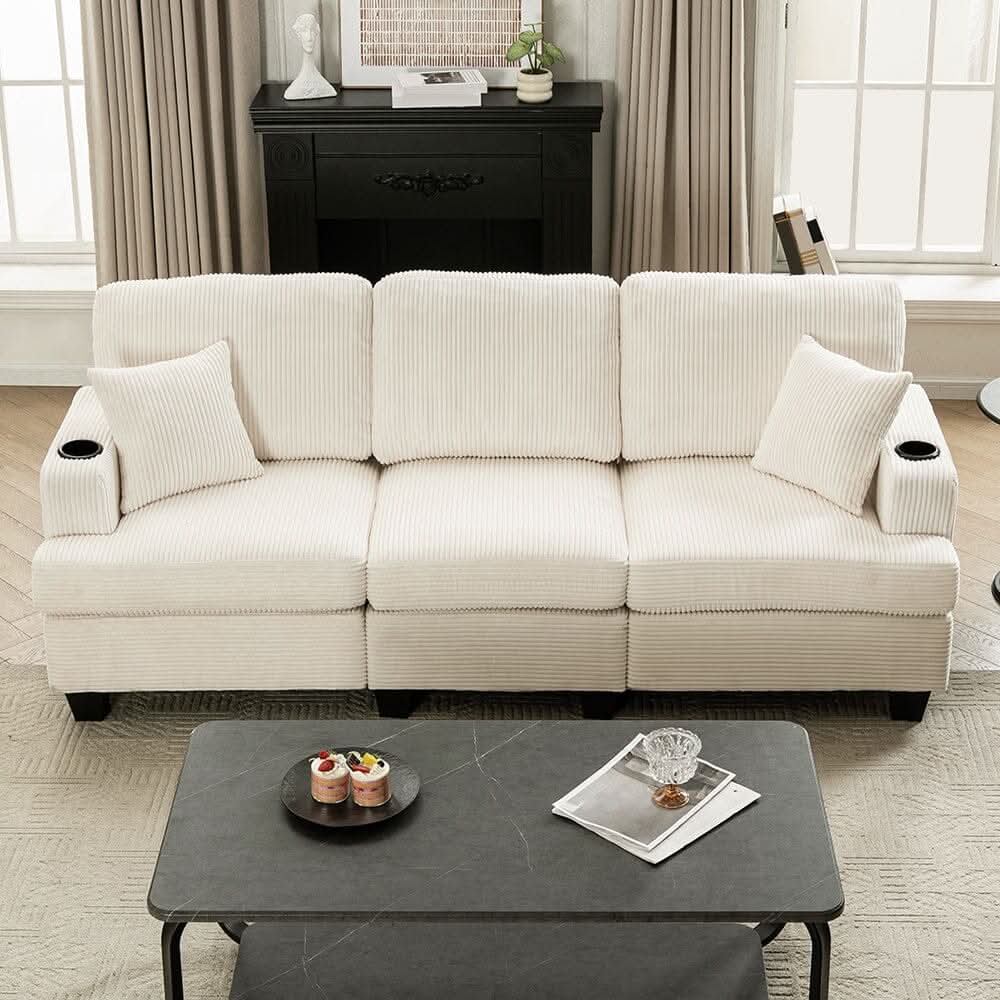 Corduroy Modular Sofa with Cup Holders and Plush Cushions