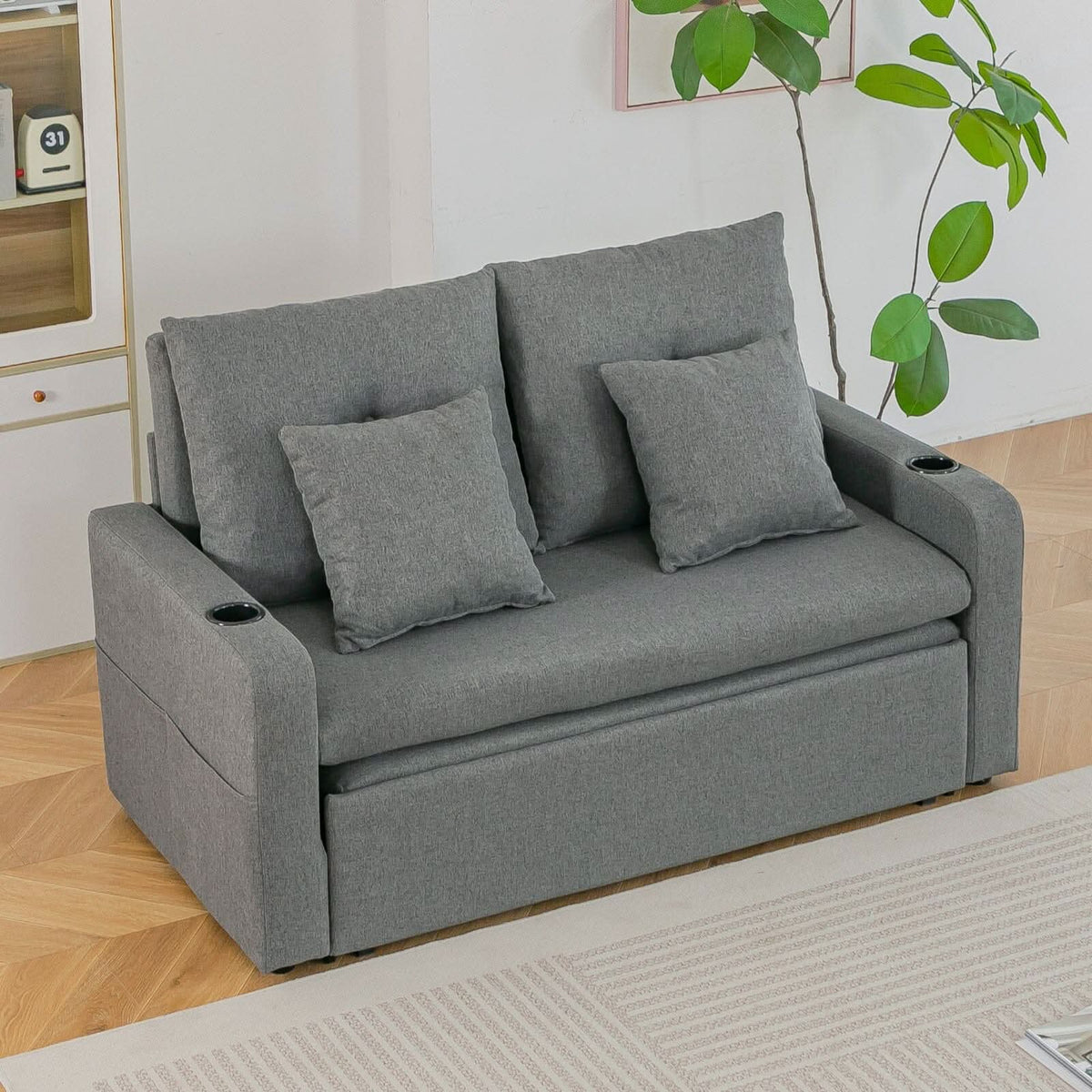 Pull-Out Sofa Bed with Storage Pockets and Cup Holders