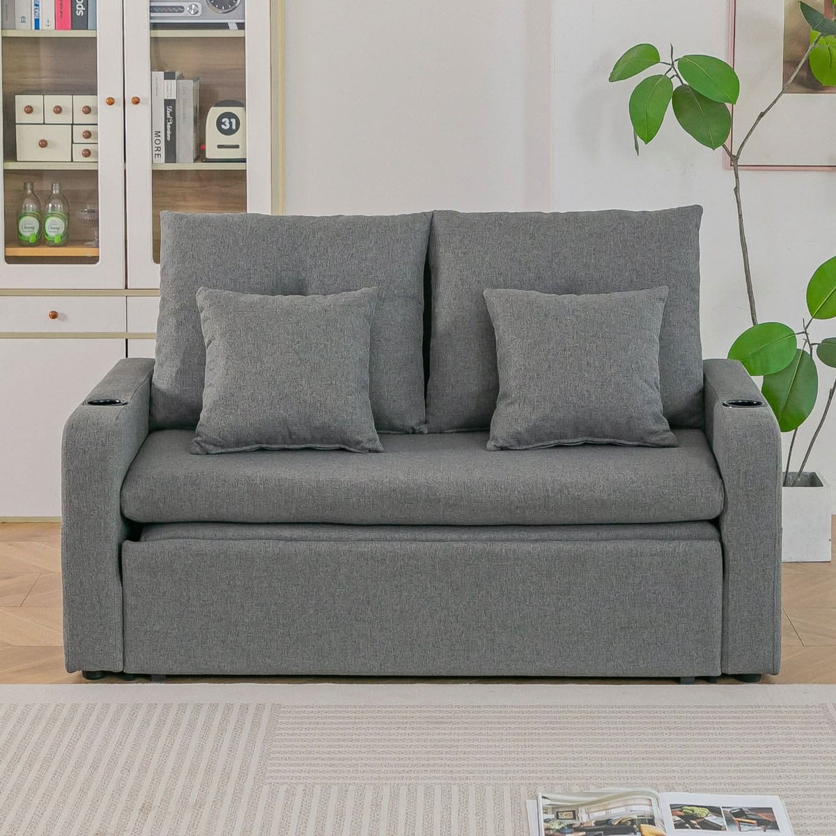 Pull-Out Sofa Bed with Storage Pockets and Cup Holders