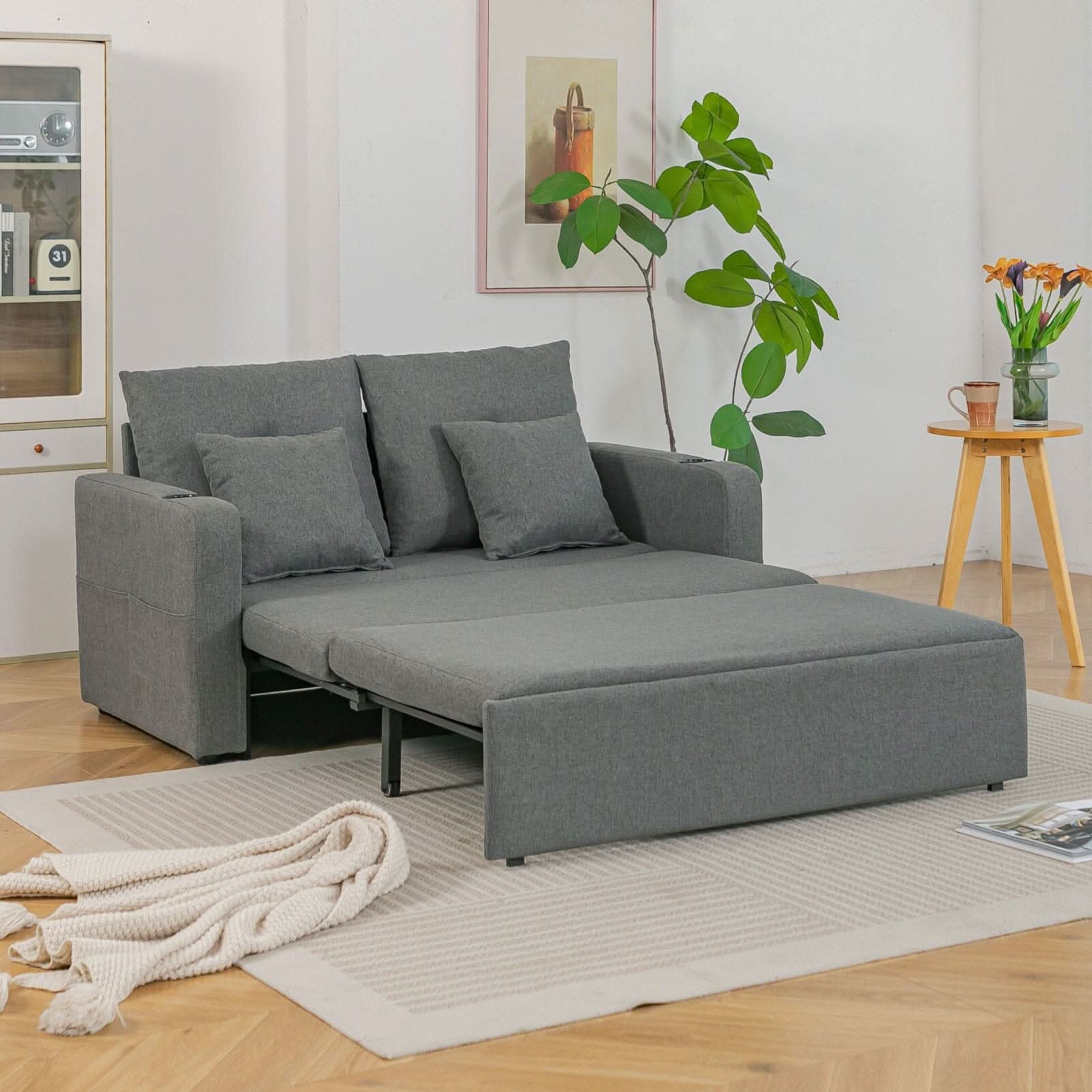 Pull-Out Sofa Bed with Storage Pockets and Cup Holders
