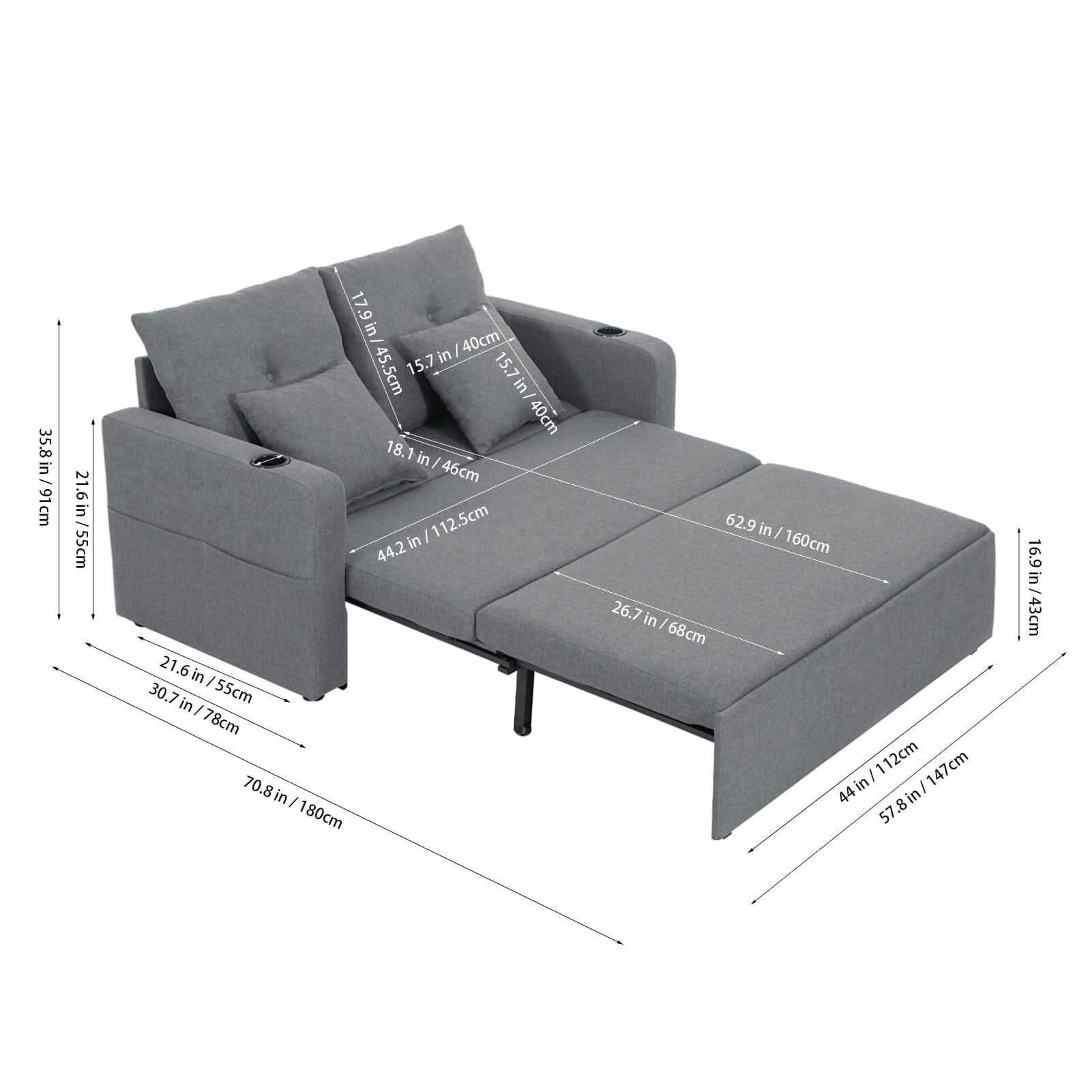 Pull-Out Sofa Bed with Storage Pockets and Cup Holders