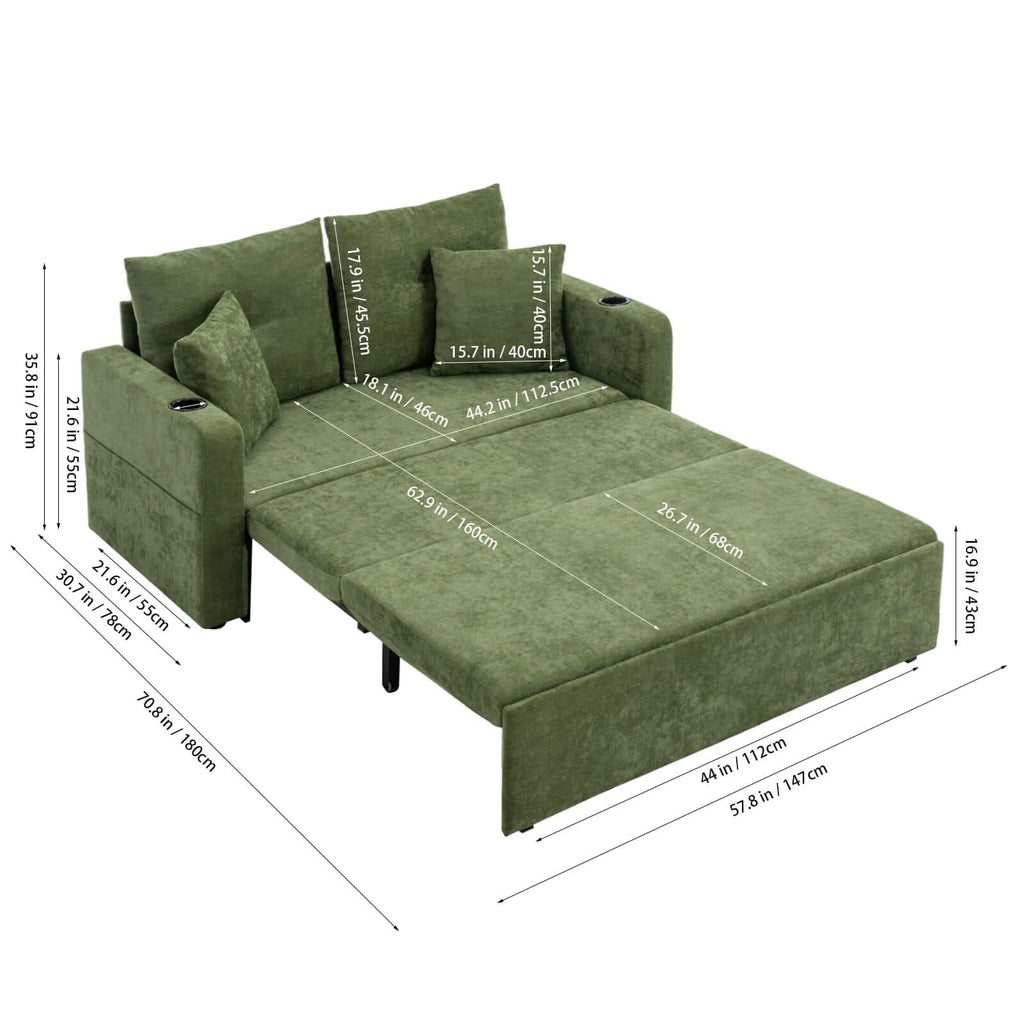 Pull-Out Sofa Bed with Storage Pockets and Cup Holders
