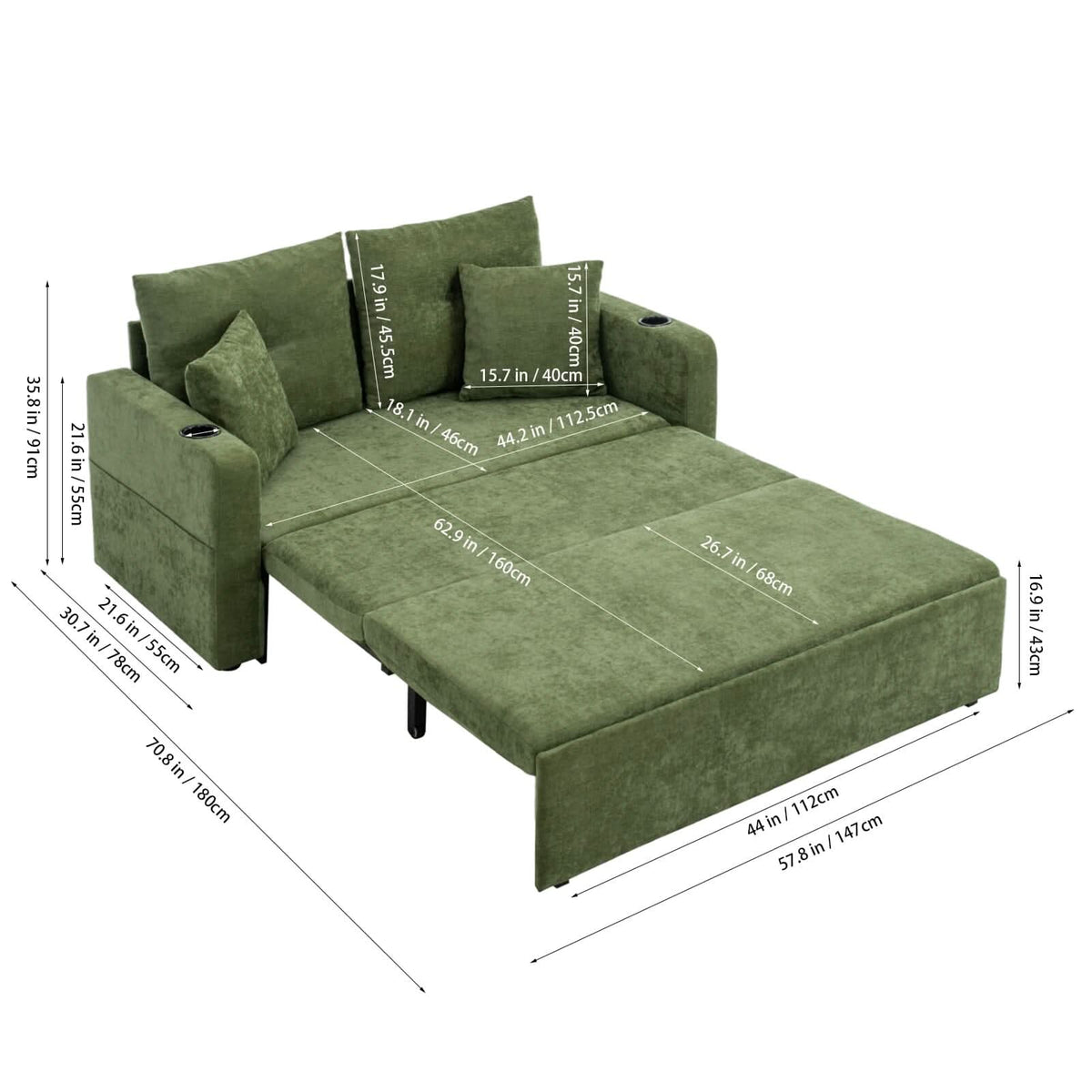 Pull-Out Sofa Bed with Storage Pockets and Cup Holders