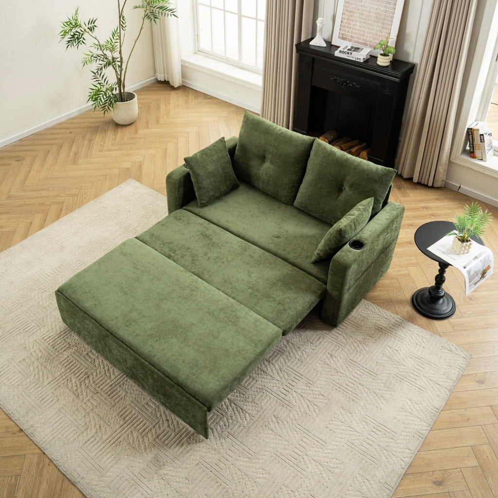 Pull-Out Sofa Bed with Storage Pockets and Cup Holders