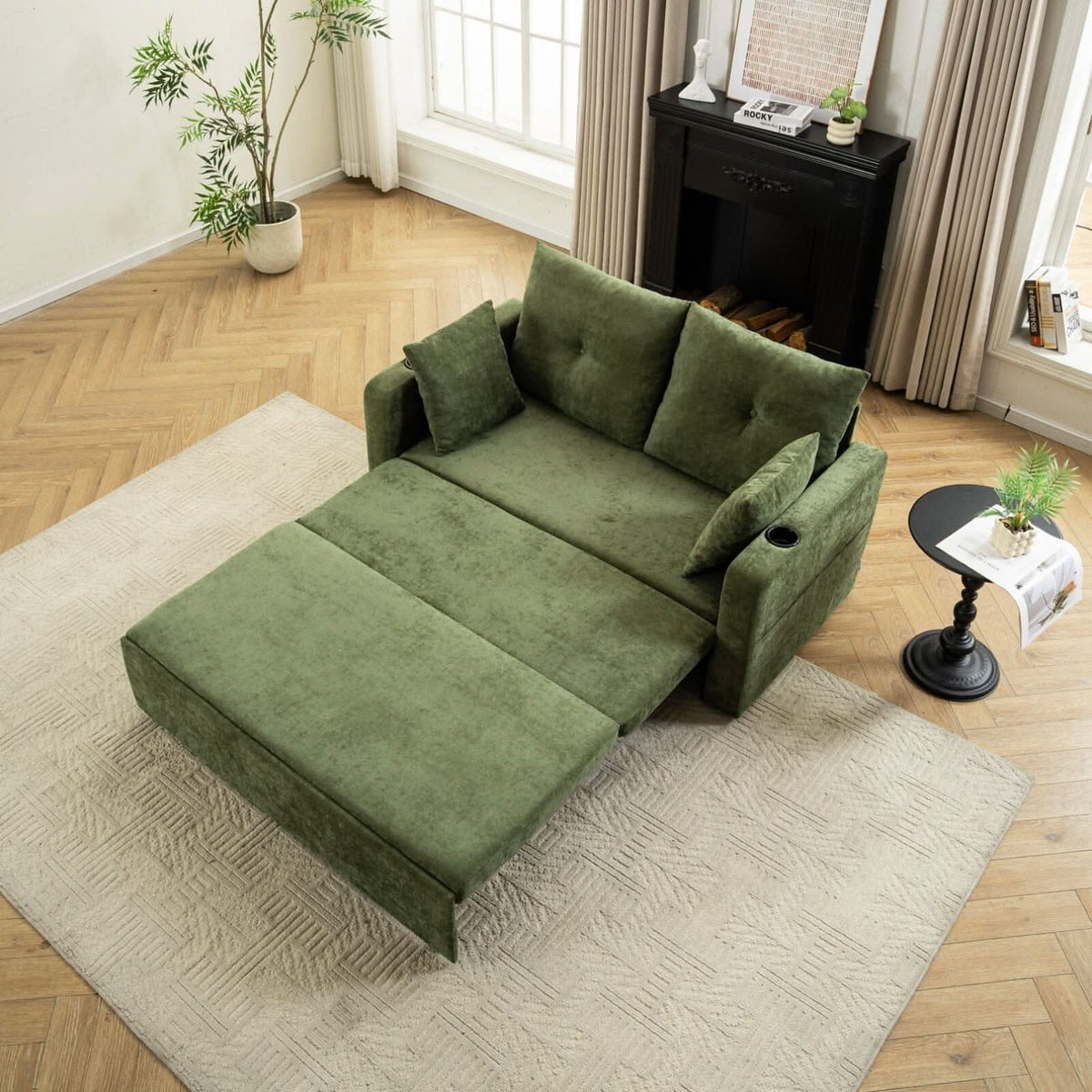 Pull-Out Sofa Bed with Storage Pockets and Cup Holders