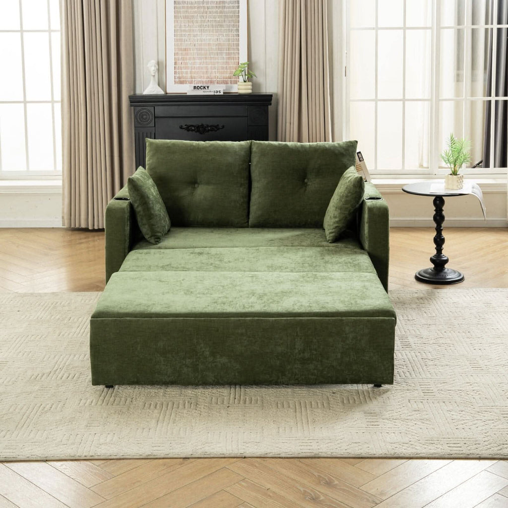 Pull-Out Sofa Bed with Storage Pockets and Cup Holders