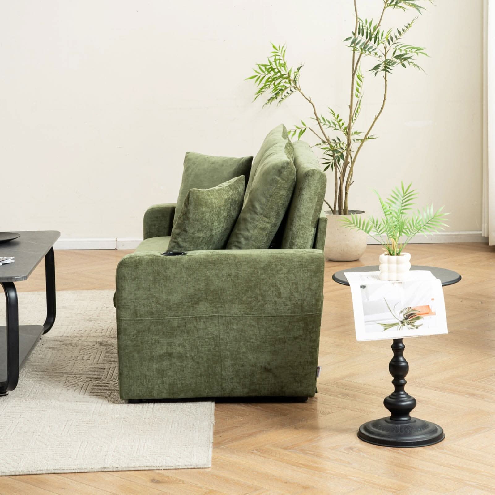 Pull-Out Sofa Bed with Storage Pockets and Cup Holders
