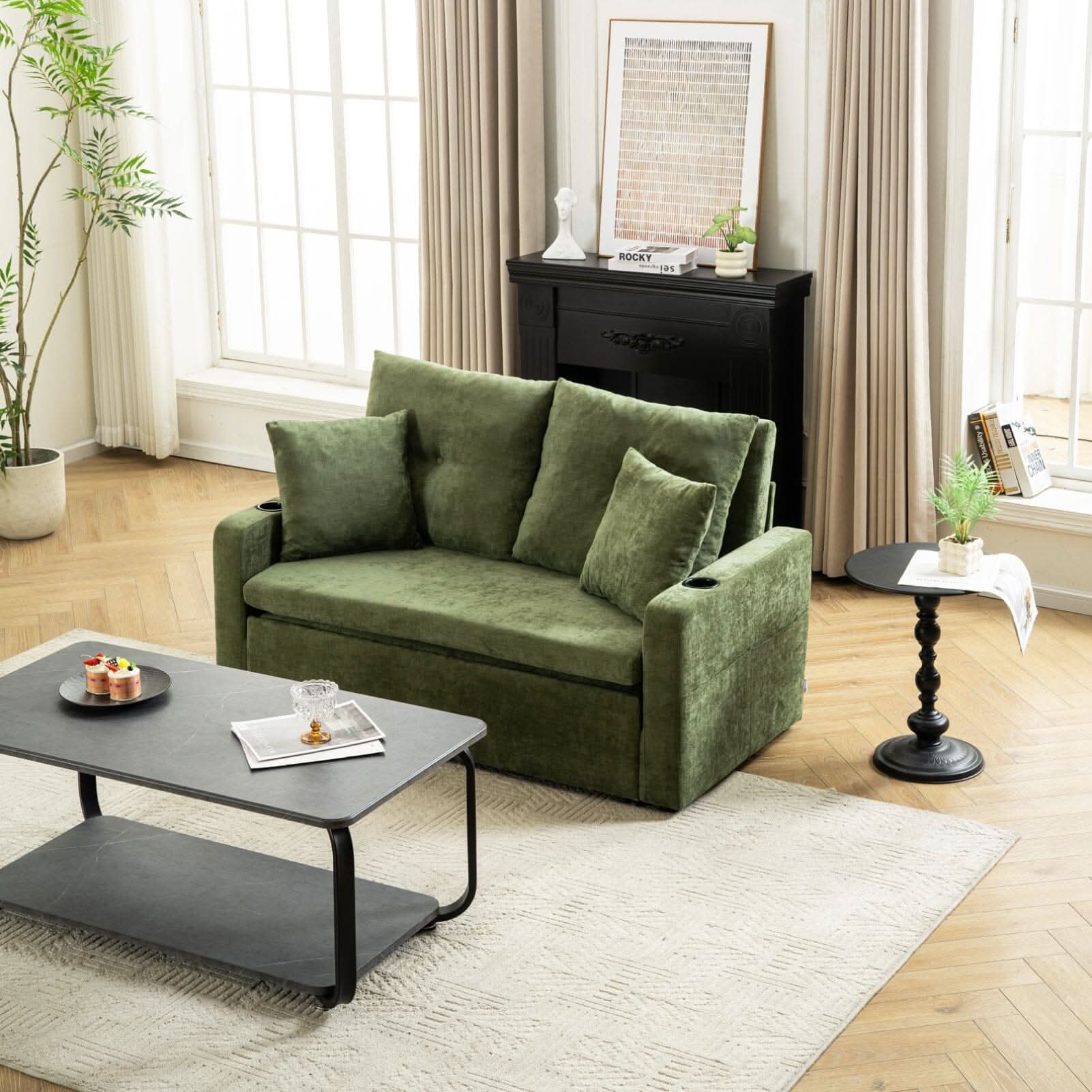 Pull-Out Sofa Bed with Storage Pockets and Cup Holders