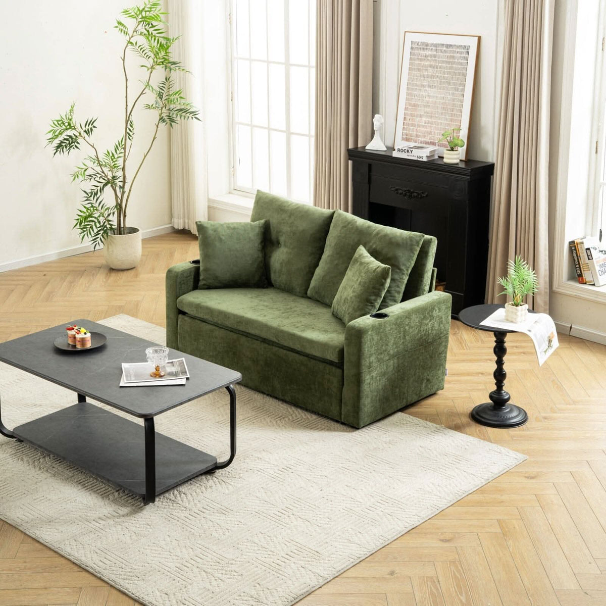 Pull-Out Sofa Bed with Storage Pockets and Cup Holders