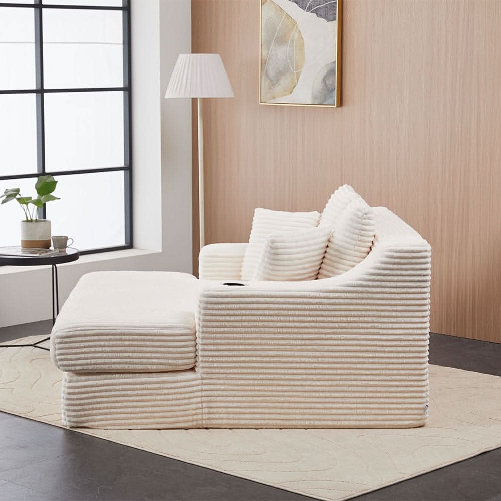 Convertible Sofa Bed with Corduroy Upholstery Cup Holder and Cushions