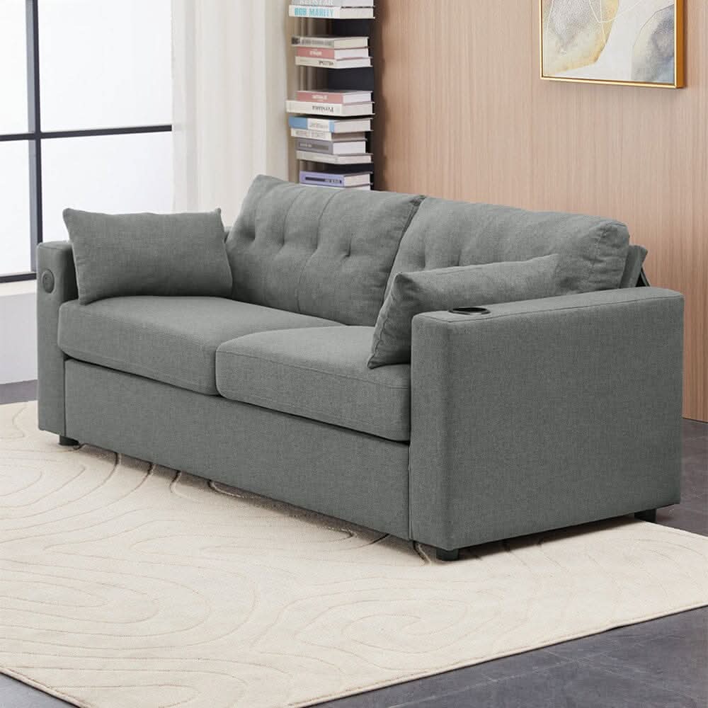 Convertible Sofa Bed with Cup Holders USB Port and Tufted Details
