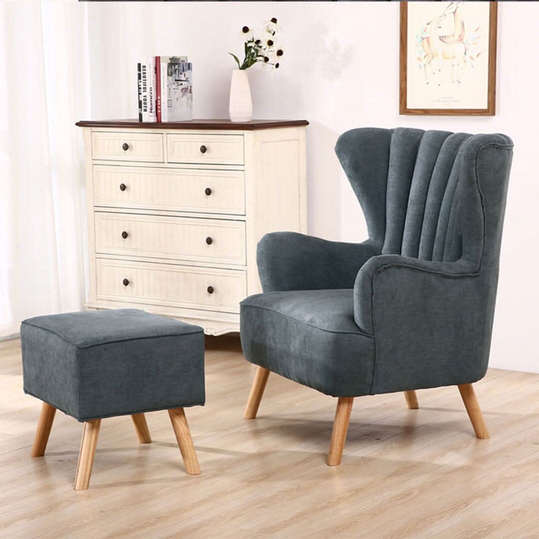 Navy Grey Fleece Accent Chair with Ottoman & Cushion