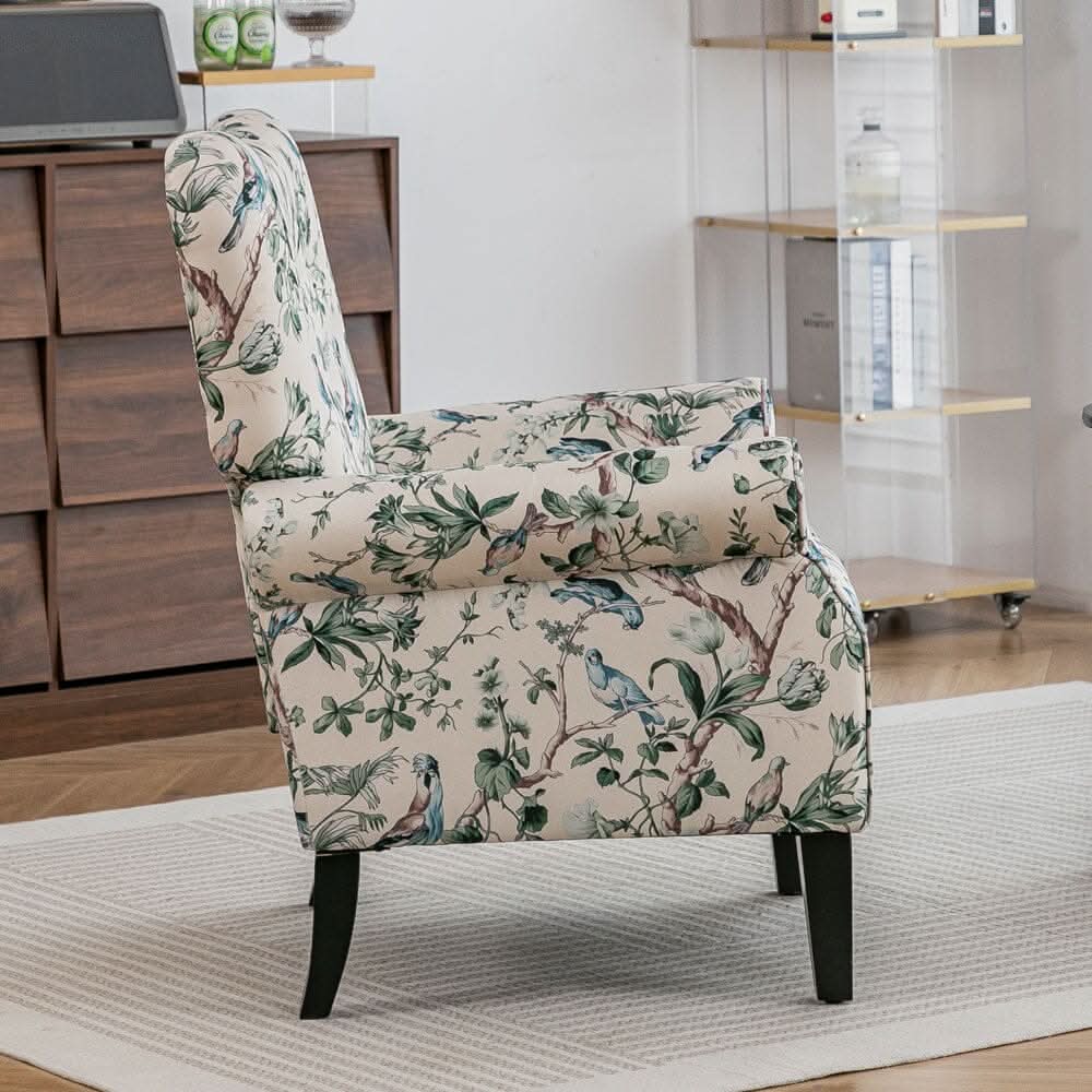 Floral Fabric Accent Chair with Solid Wood Legs and Tufted Backrest