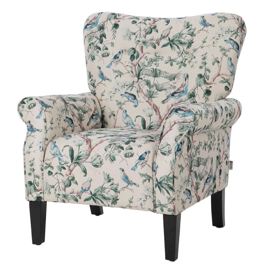 Floral Fabric Accent Chair with Solid Wood Legs and Tufted Backrest