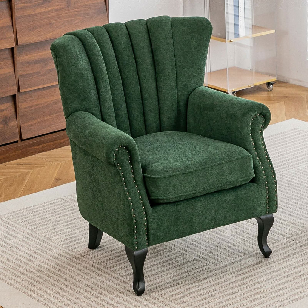 Chenille Accent Chair with European Curved Legs and Nailhead Trim