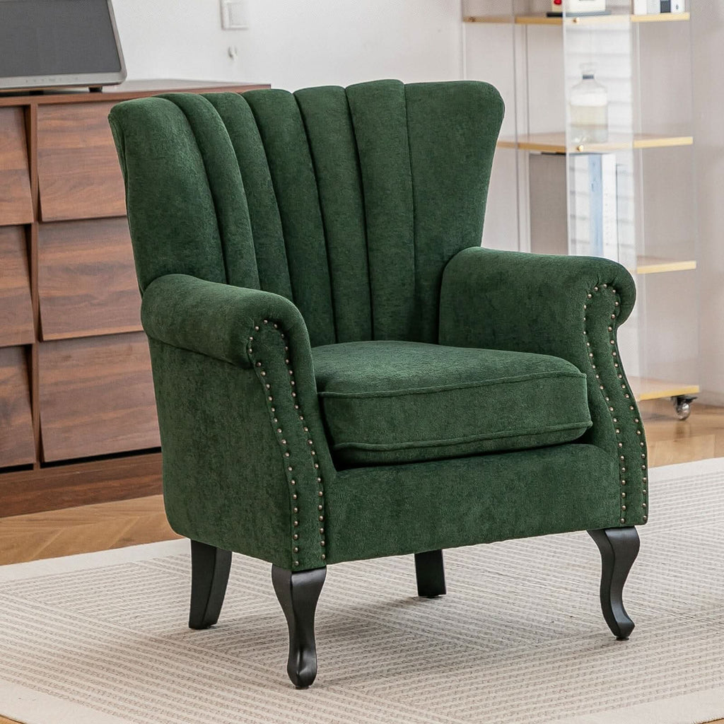 Chenille Accent Chair with European Curved Legs and Nailhead Trim