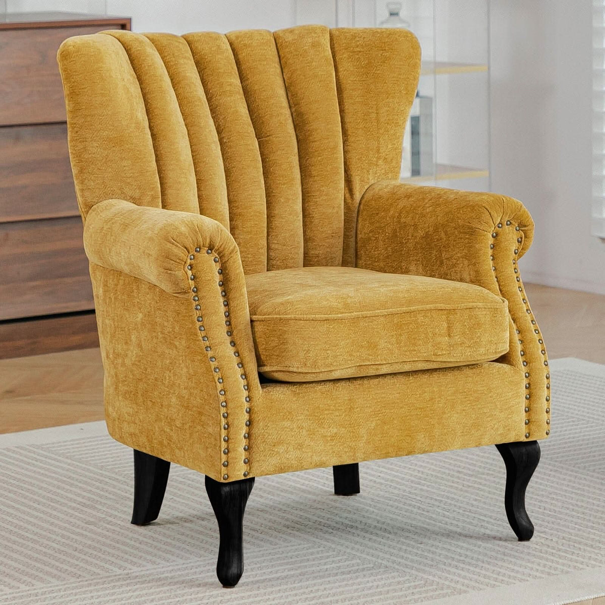 Chenille Accent Chair with European Curved Legs and Nailhead Trim