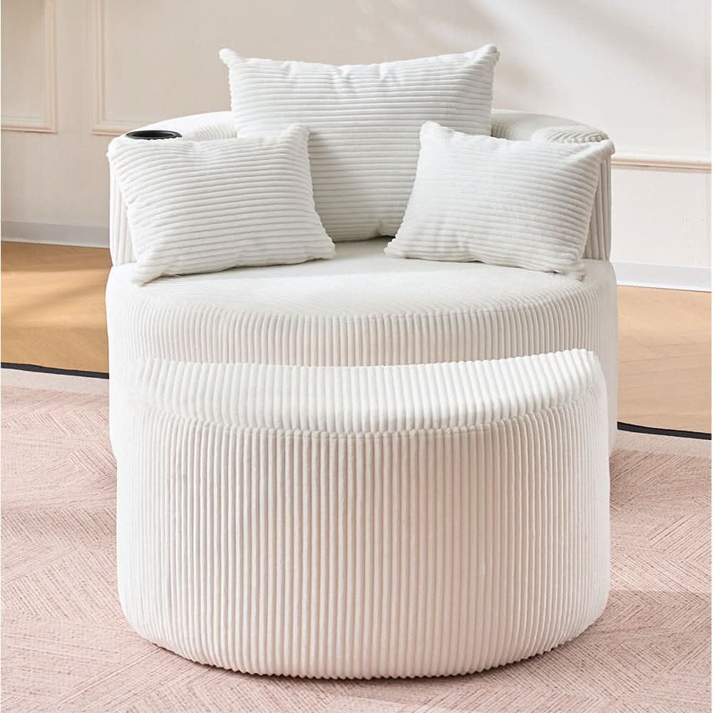 Corduroy Swivel Chair with Ottoman, Cup Holder and Removable Armrests