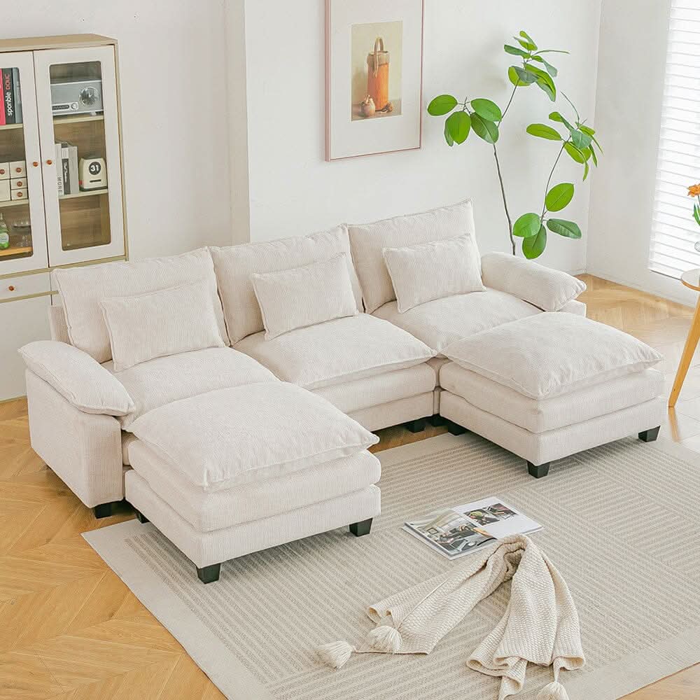 Chenille 3-Seater Modular Sofa with Double Ottomans and Full Cushion Set