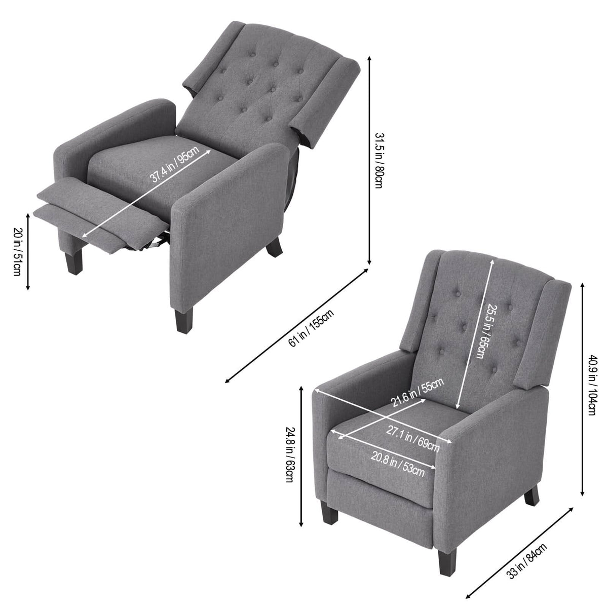 Single Recliner Sofa Chair Adjustable 140° Grey Fine Linen Wood Legs