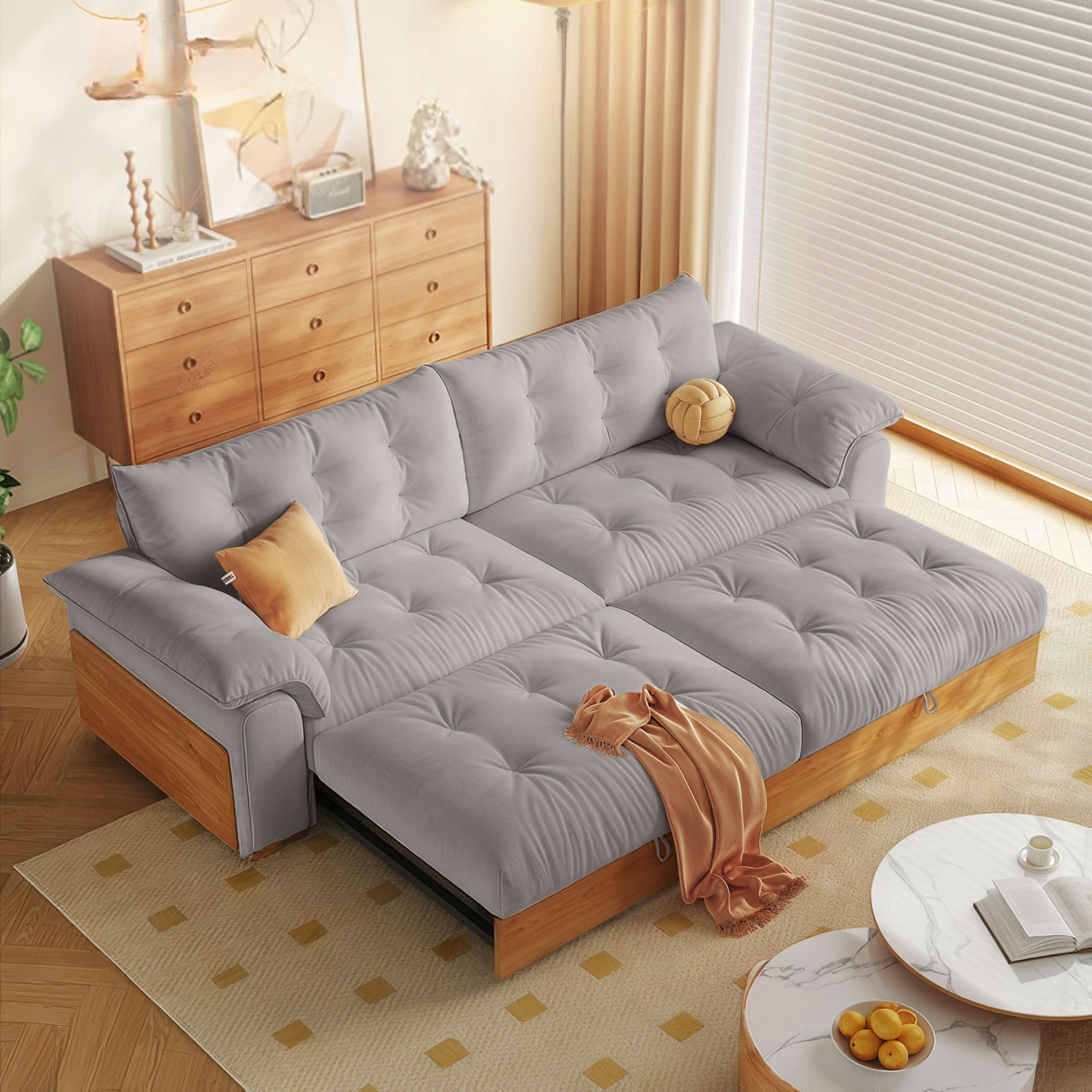 Cottonfy Solid Wood Folding Sofa Bed with Sleeper Chaise