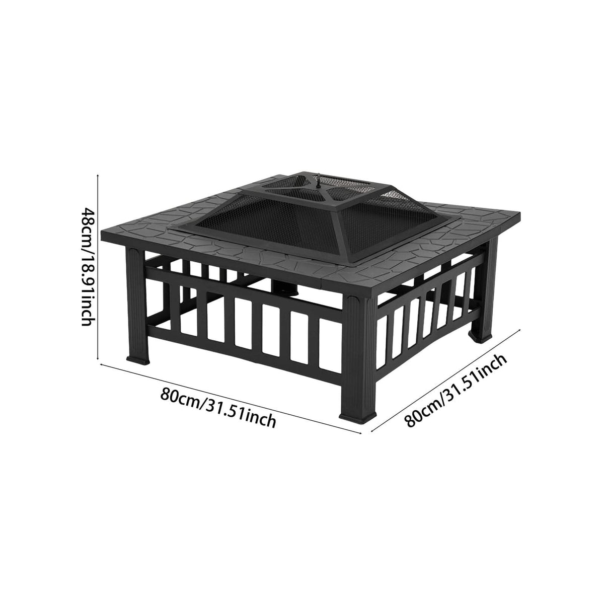 80cm Portable Square Fire Pit & BBQ Grill | Garden Fire Bowl for Camping & Patio