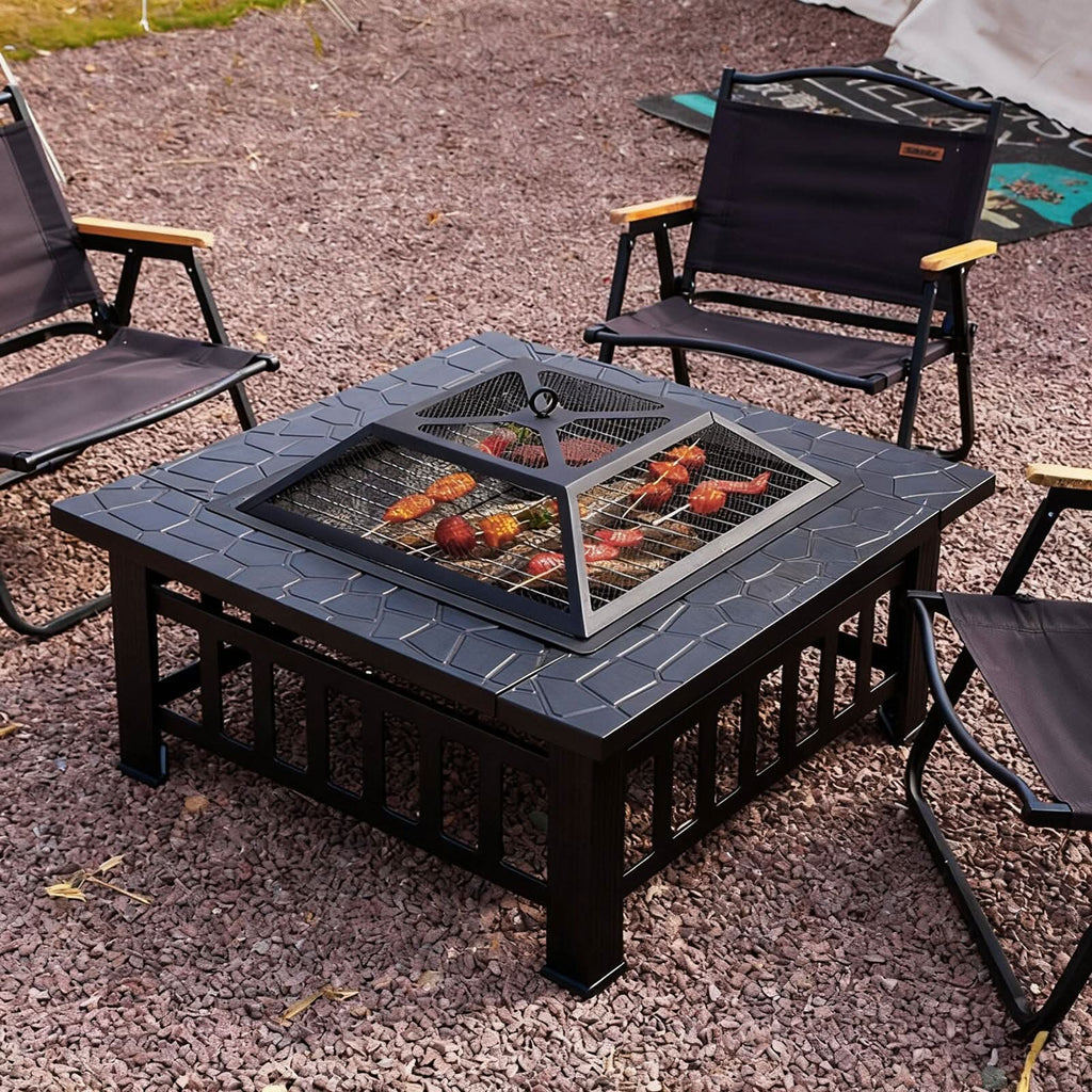 80cm Portable Square Fire Pit & BBQ Grill | Garden Fire Bowl for Camping & Patio