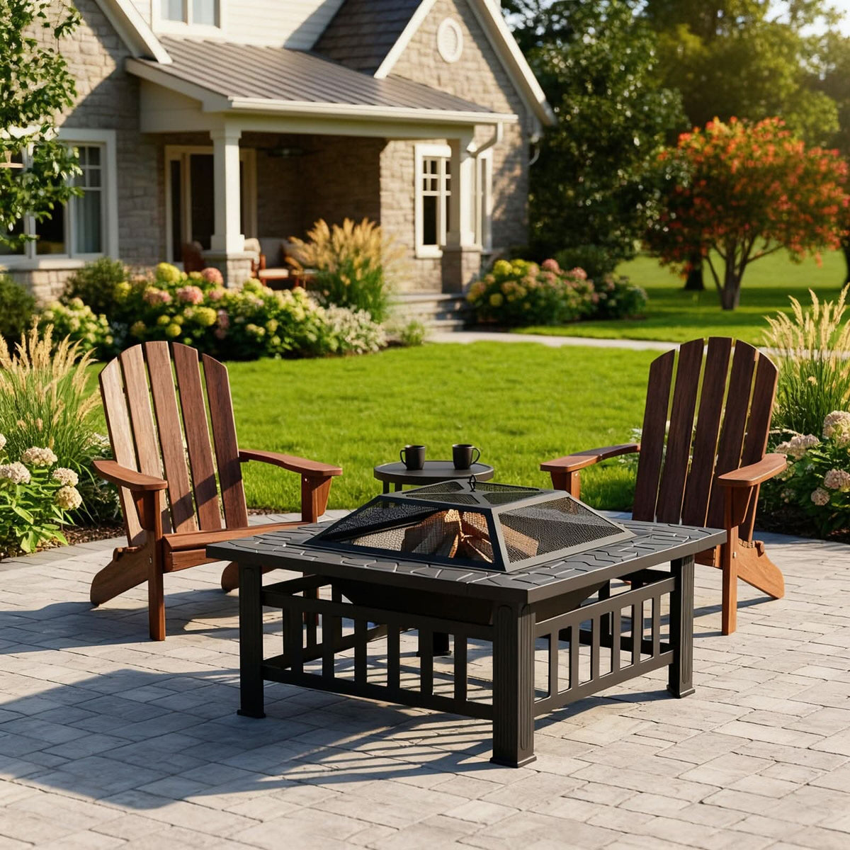 80cm Portable Square Fire Pit & BBQ Grill | Garden Fire Bowl for Camping & Patio