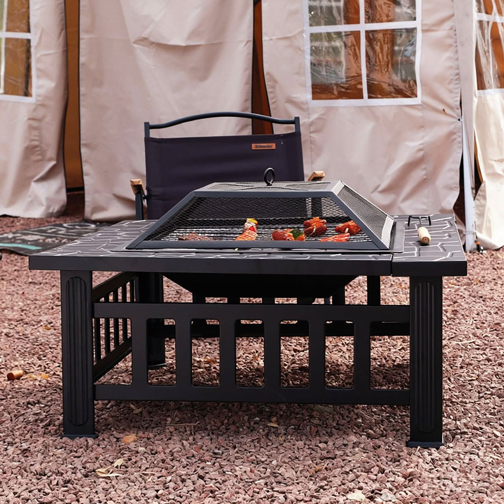 80cm Portable Square Fire Pit & BBQ Grill | Garden Fire Bowl for Camping & Patio