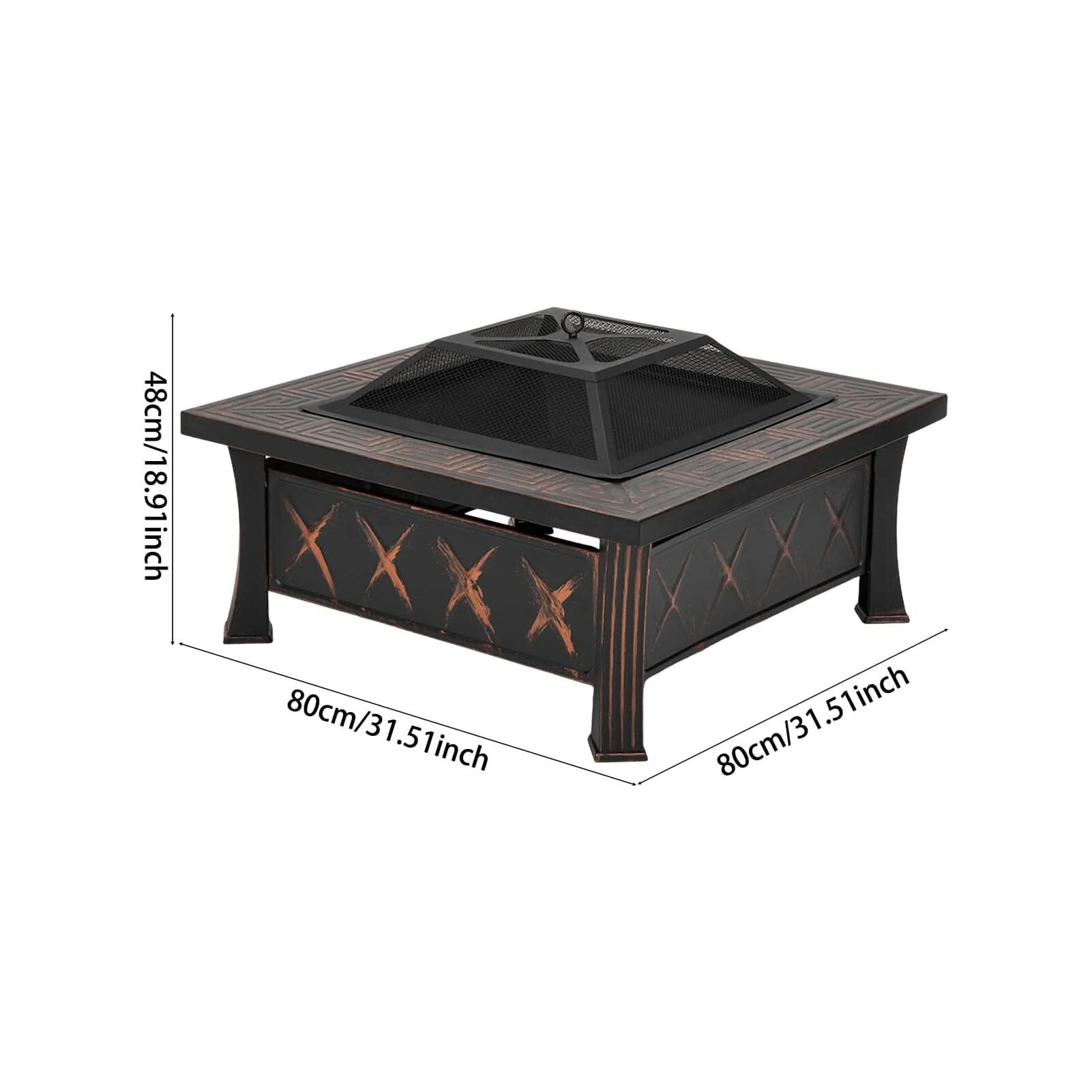 80cm Vintage-Style Outdoor Fire Pit & BBQ Grill | Square Fire Bowl for Garden & Camping
