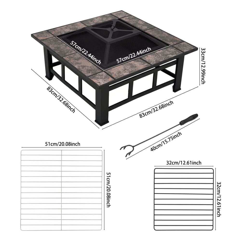 83cm Vintage Brown Fire Pit & BBQ Grill | Square Outdoor Fire Bowl for Garden & Camping