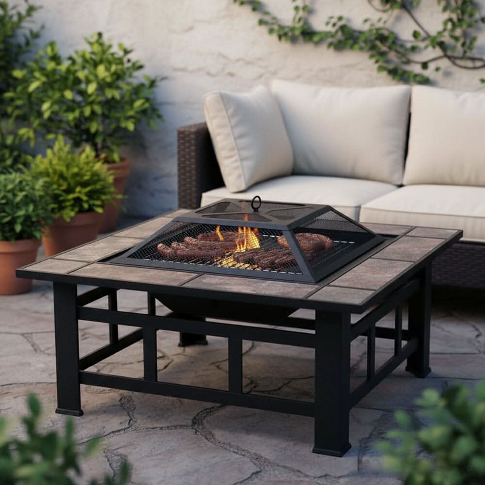 83cm Vintage Brown Fire Pit & BBQ Grill | Square Outdoor Fire Bowl for Garden & Camping
