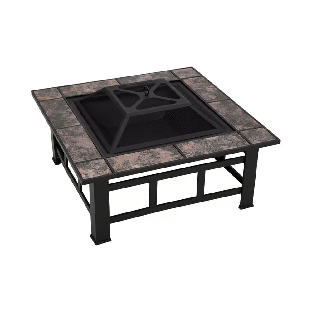 83cm Vintage Brown Fire Pit & BBQ Grill | Square Outdoor Fire Bowl for Garden & Camping