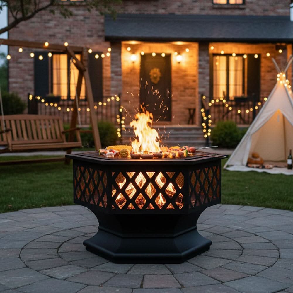 70cm Hexagonal Outdoor Fire Pit & BBQ Grill